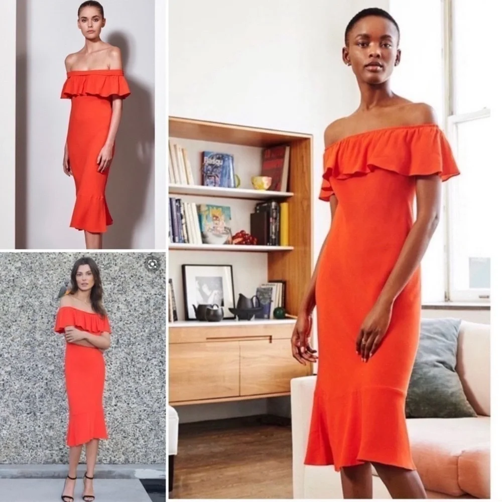 Veronica Beard Oleta Off Shoulder Ruffle Midi Dress Orange Size 0